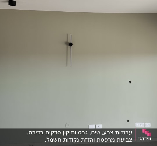 קיר צבוע בצבע ירוק בהיר עם שני גופי תאורה שחורים